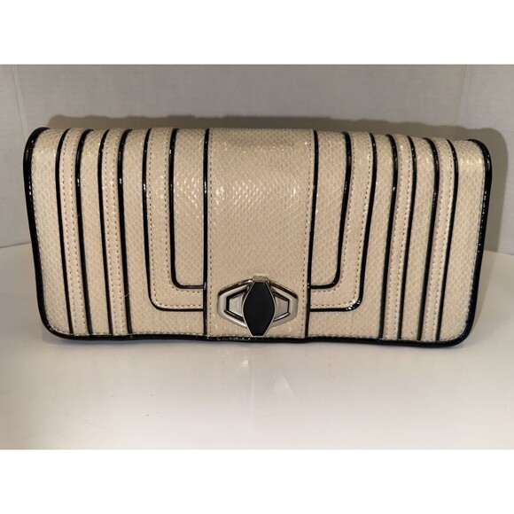 White House Black Market Handbags - WHBM Beige Black Striped Envelope Clutch Wallet Retro Mod Evening Bag